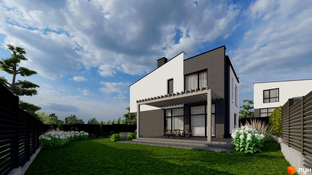 Котеджне містечко КМ Etalon Hillside: двоповерховий будинок з білою та сірою фасадною частиною, терасою та зеленою прибудинковою територією з кущами та газоном.