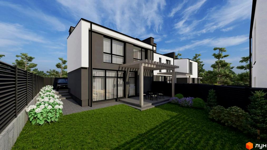 Котеджне містечко Etalon Hillside: двоповерхові будинки з великими вікнами, терасою та доглянутим подвір'ям.