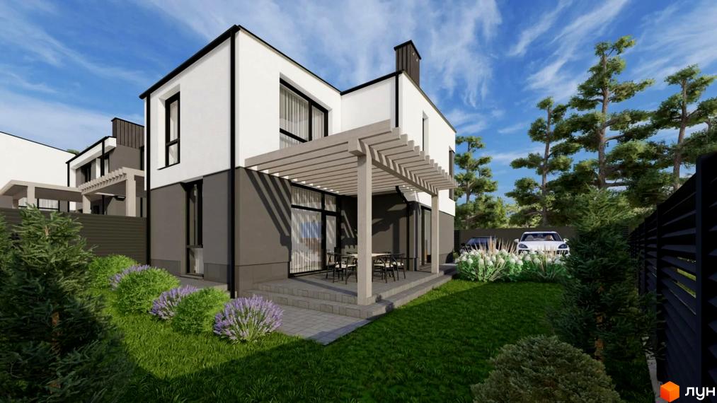 Котеджне містечко Etalon Hillside. Зовнішній вигляд двоповерхового будинку з терасою, газоном та деревами.