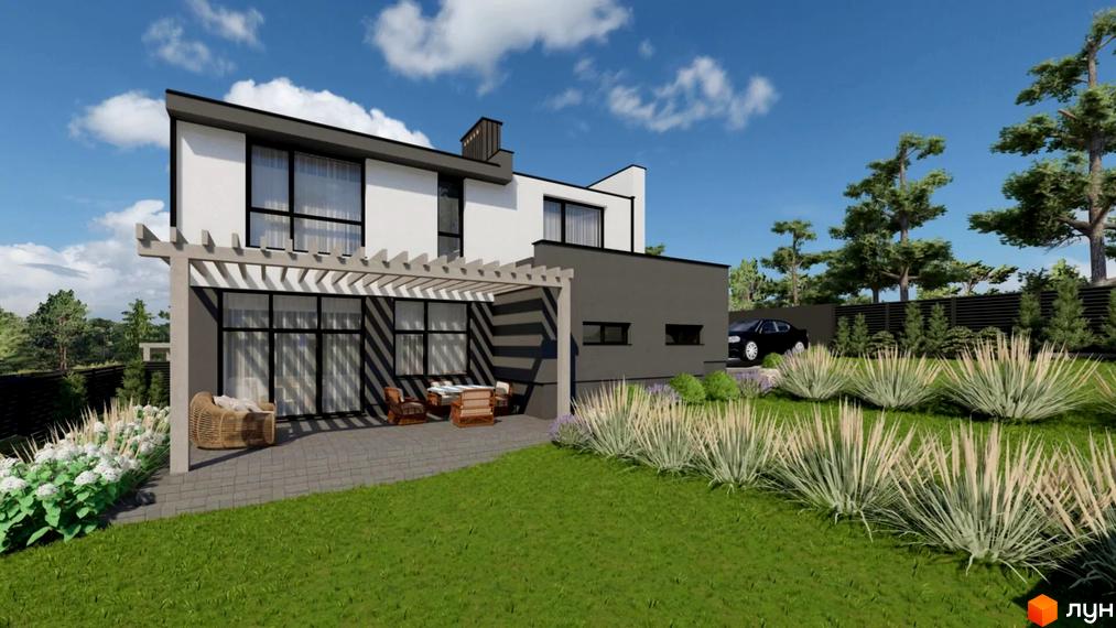 Котеджне містечко КМ Etalon Hillside: двоповерховий будинок з терасою та великими вікнами, зелена галявина та декоративні рослини.