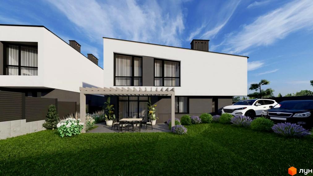 Котеджне містечко Etalon Hillside: двоповерхові будинки з великими вікнами та терасою, доглянутий газон та кущі перед будинком, два автомобілі на парковці.