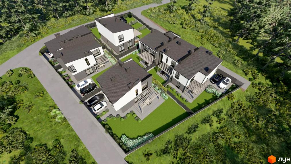 Котеджне містечко Etalon Hillside з сучасними будинками та доглянутими зеленими зонами. На території розташовані паркувальні місця для автомобілів та зони відпочинку.