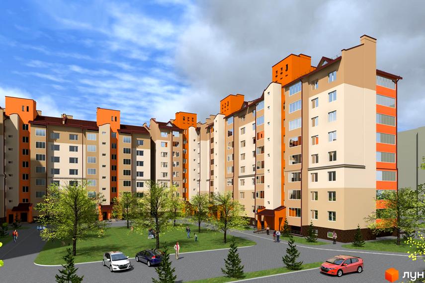 Зображення фасаду та прибудинкової території Житлового комплексу Затишна оселя. Багатоповерховий будинок з газоном, деревами та припаркованими автомобілями.