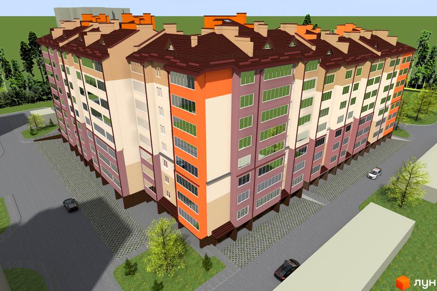 Зображення Житлового комплексу Затишна оселя. Багатоповерховий будинок з червоним дахом та кольоровим фасадом, прибудинкова територія з парковкою та озелененням.