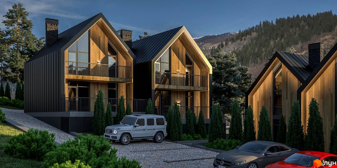 Котеджне містечко SKELYAR: триповерхові будинки з дерев'яним фасадом та чорним дахом у гірській місцевості. Прибудинкова територія з бруківкою та зеленню, де припарковані автомобілі.