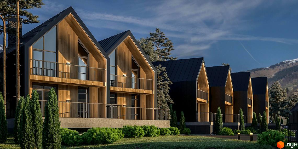 Котеджне містечко SKELYAR: дерев'яні фасади, великі вікна та балкони з металевими поручнями. Озеленена прибудинкова територія з газоном та кущами.