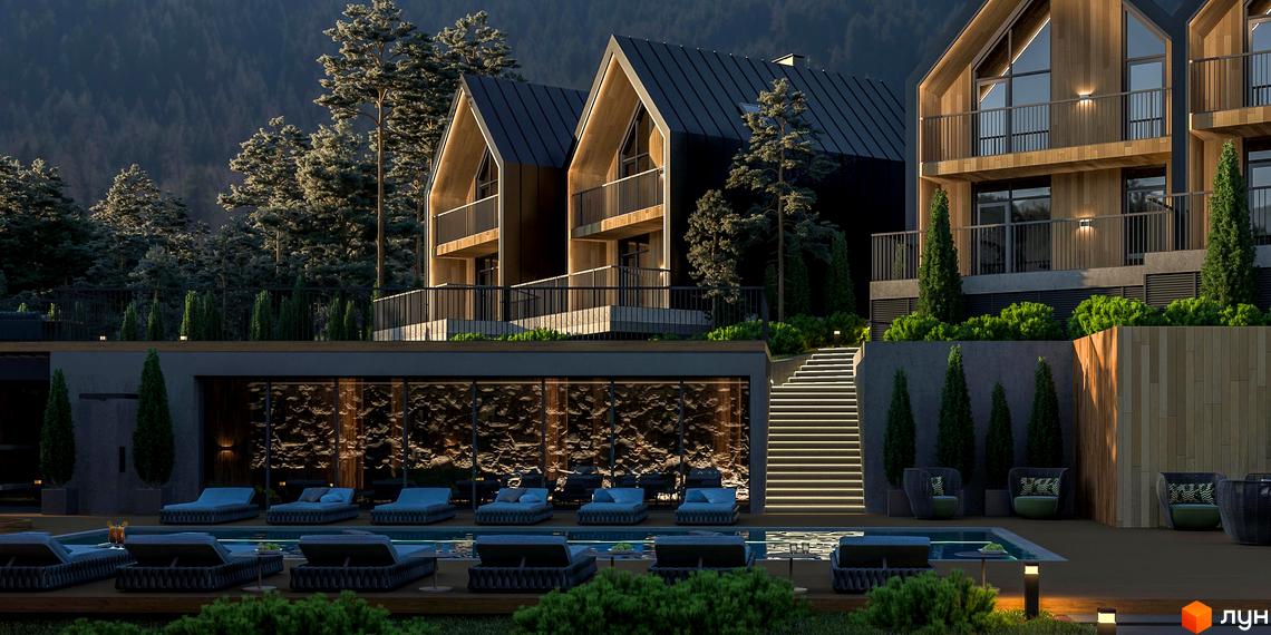 Котеджне містечко SKELYAR з дерев'яними фасадами та басейнами біля будівель. Навколо комплексу розташовані зелені насадження та гори.