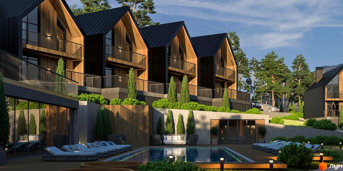 Котеджне містечко SKELYAR з дерев'яними фасадами та чорними дахами, басейном та зоною відпочинку на території. Сучасна архітектура та мальовнича природа навколо.