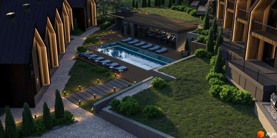 Котеджне містечко SKELYAR з унікальною архітектурою та басейном. Територія комплексу облаштована зонами відпочинку та освітленням.