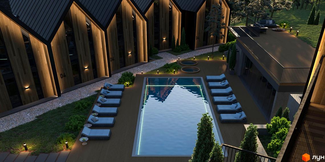 Котеджне містечко SKELYAR з дерев'яними фасадами та басейном. Територія з шезлонгами, джакузі та освітленням.