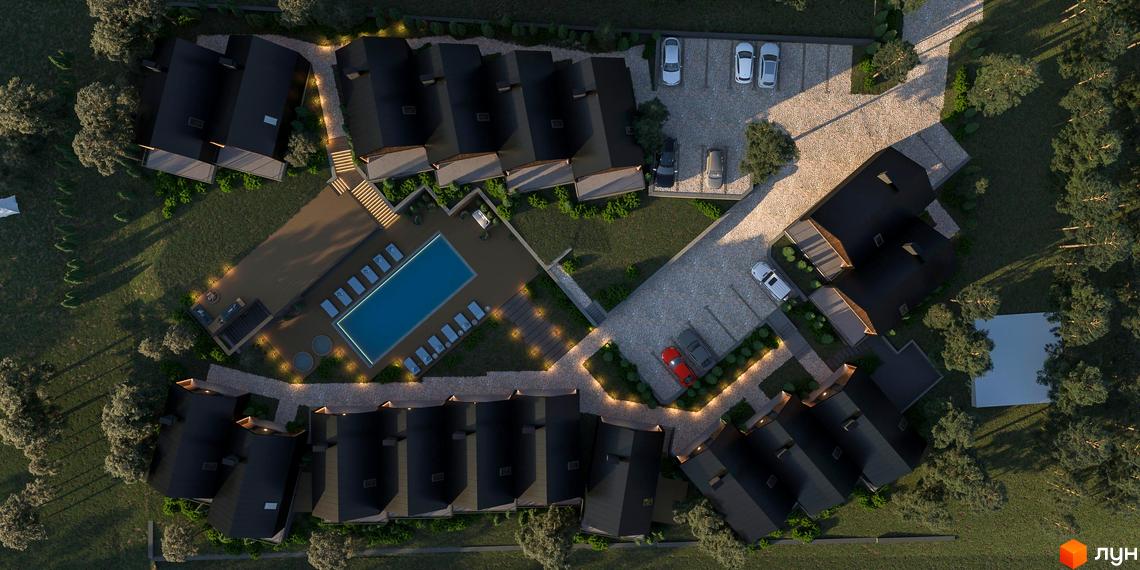 Котеджне містечко SKELYAR: вид зверху на чорні будинки з темними дахами та прибудинкову територію з басейном і парковкою.