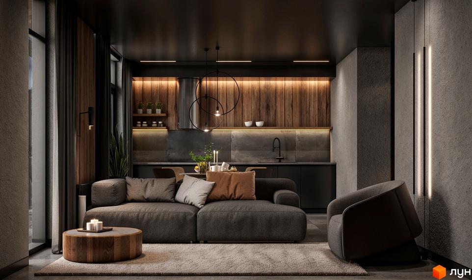 Інтер'єр квартири в ЖК SKELYAR: простора вітальня з диваном та кавовим столиком, кухня з дерев'яними панелями та сучасними кухонними меблями.