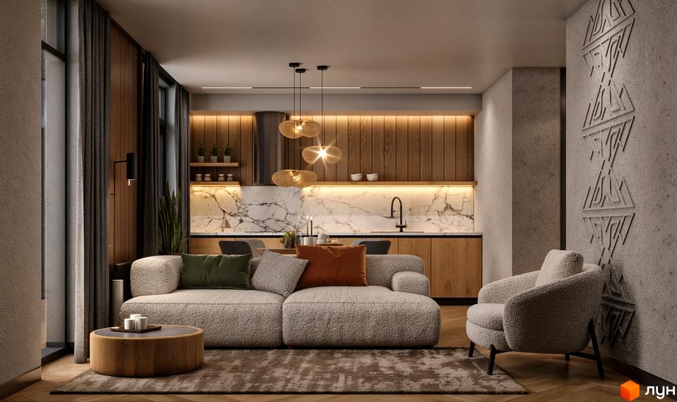 Інтер'єр вітальні з диваном та кріслом, що виходить на кухню з дерев'яними панелями та мармуровою стільницею. Дизайн від КМ SKELYAR.