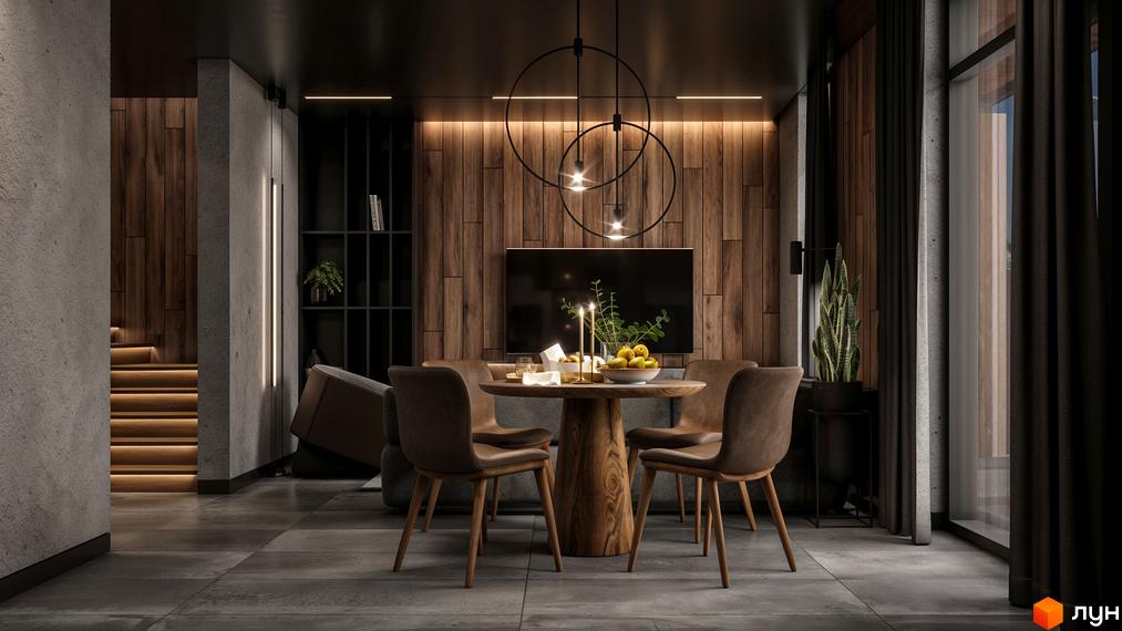 Інтер'єр вітальні з обідньою зоною в новобудові КМ SKELYAR. Дизайн виконаний у стилі лофт з дерев'яними акцентами та сучасними меблями.