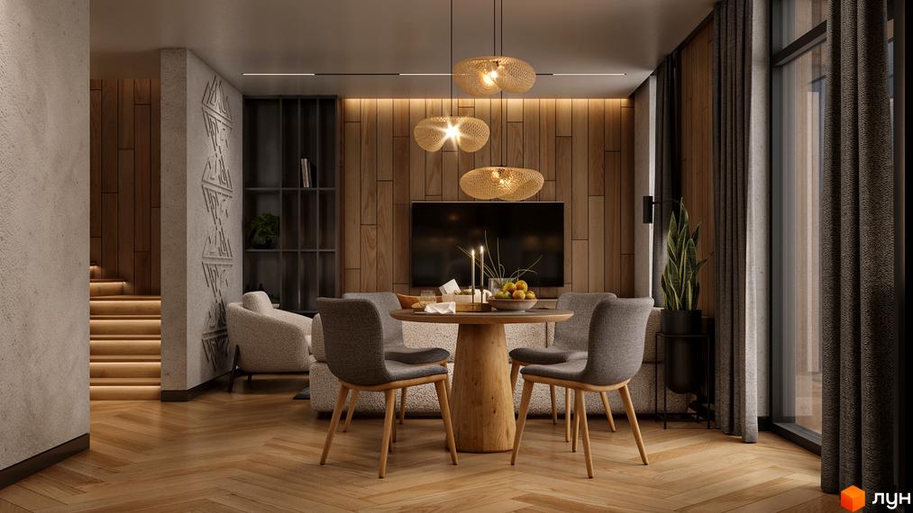 Інтер'єр вітальні з обідньою зоною в житловому комплексі КМ SKELYAR. Стильні меблі, дерев'яні елементи та велике вікно створюють затишну атмосферу.