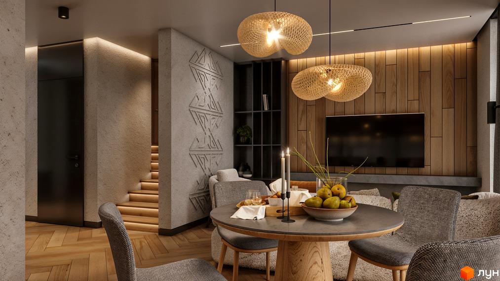 Інтер'єр вітальні з обідньою зоною в КМ SKELYAR. Сучасний дизайн з дерев'яними елементами та зручними меблями.