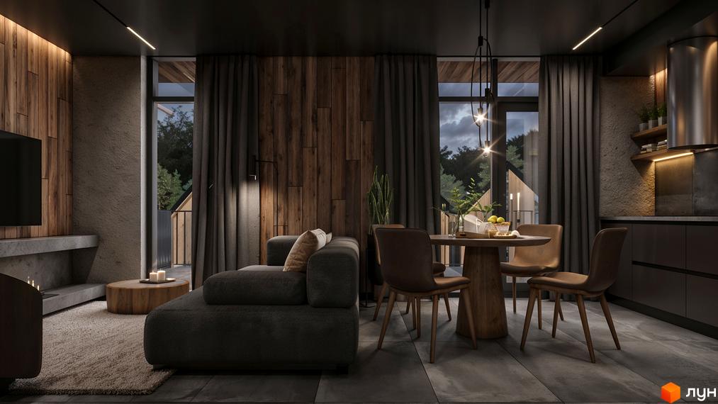 Інтер'єр вітальні та кухні в котеджному містечку КМ SKELYAR. Дерев'яні панелі, диван, обідня група та сучасна кухня створюють затишну атмосферу.