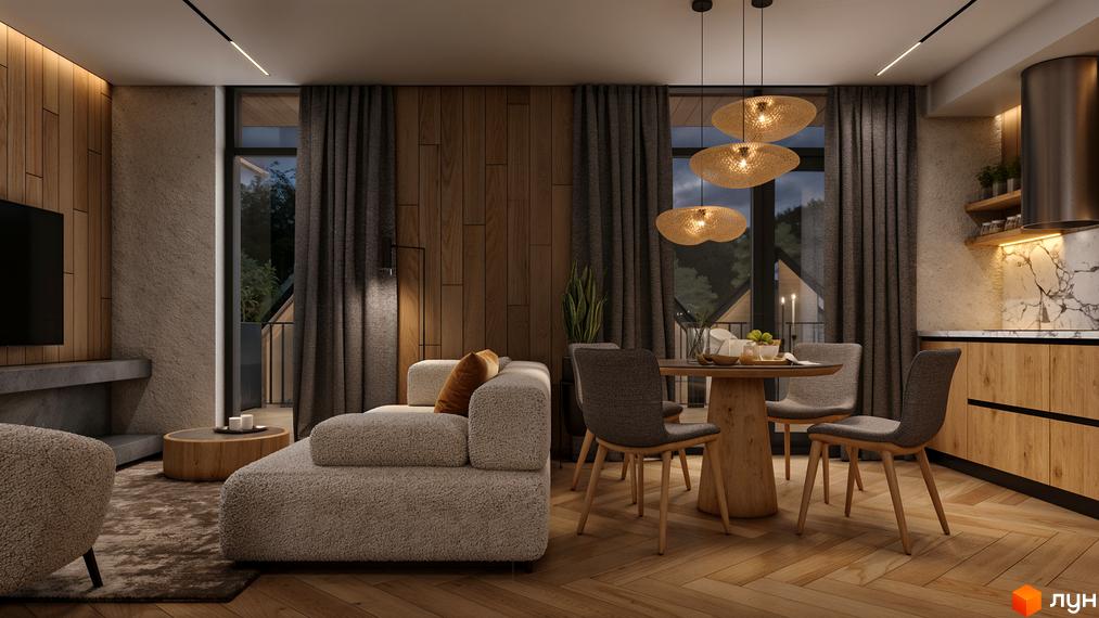 Інтер'єр вітальні та кухні в житловому комплексі КМ SKELYAR. Дизайн виконаний у теплих деревних тонах з акцентами на текстурах.