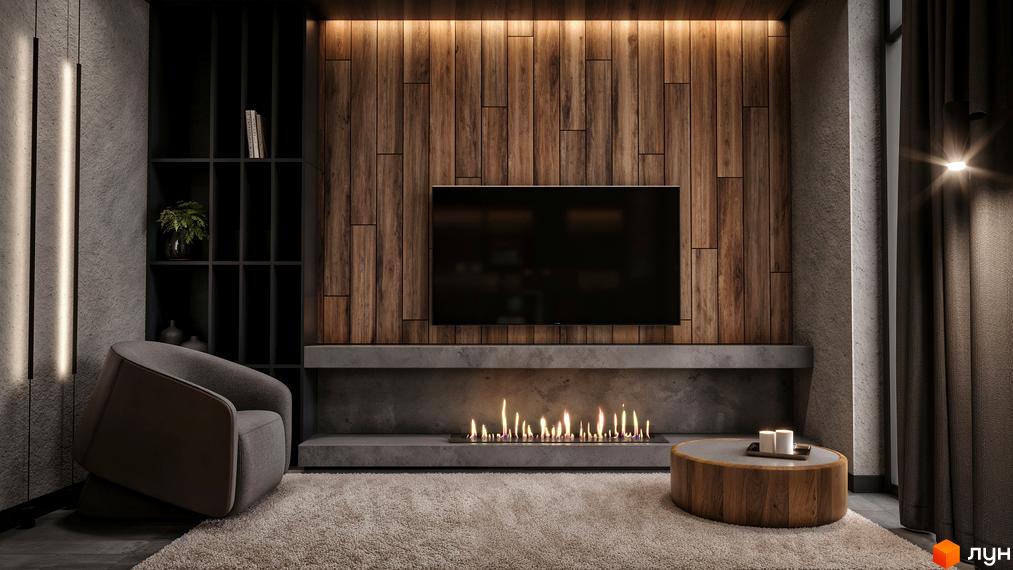 Інтер'єр вітальні з каміном та телевізором на дерев'яній стіні. КМ SKELYAR - сучасна новобудова.