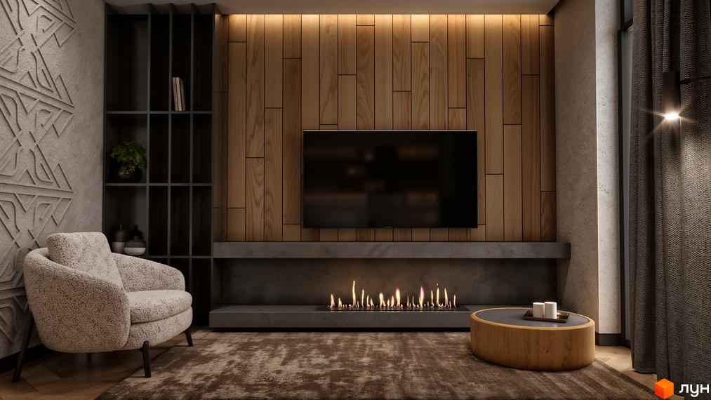 Інтер'єр вітальні з каміном, телевізором на дерев'яній стіні та зручним кріслом. Комплекс SKELYAR.