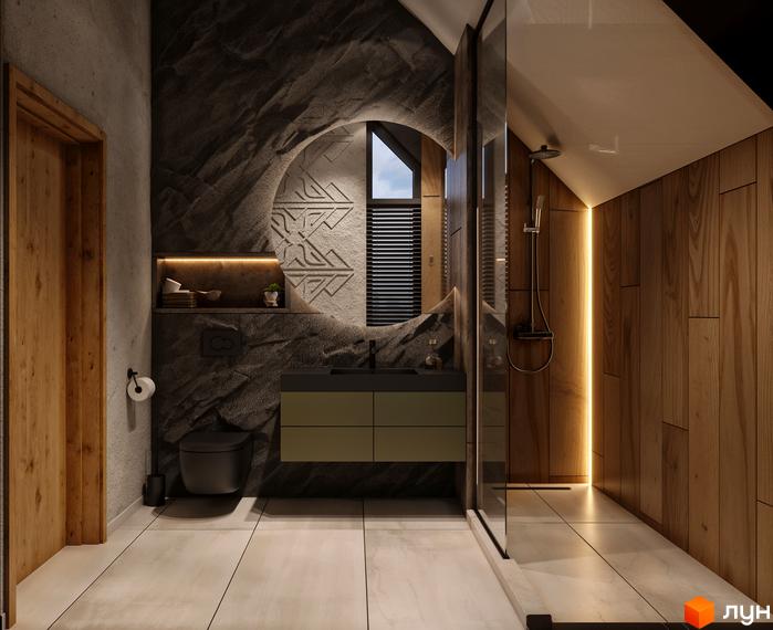 Дизайн ванної кімнати в новобудові КМ SKELYAR з натуральними матеріалами та підсвіткою. Сучасний інтер'єр ванної кімнати з душовою кабіною та дерев'яними елементами.