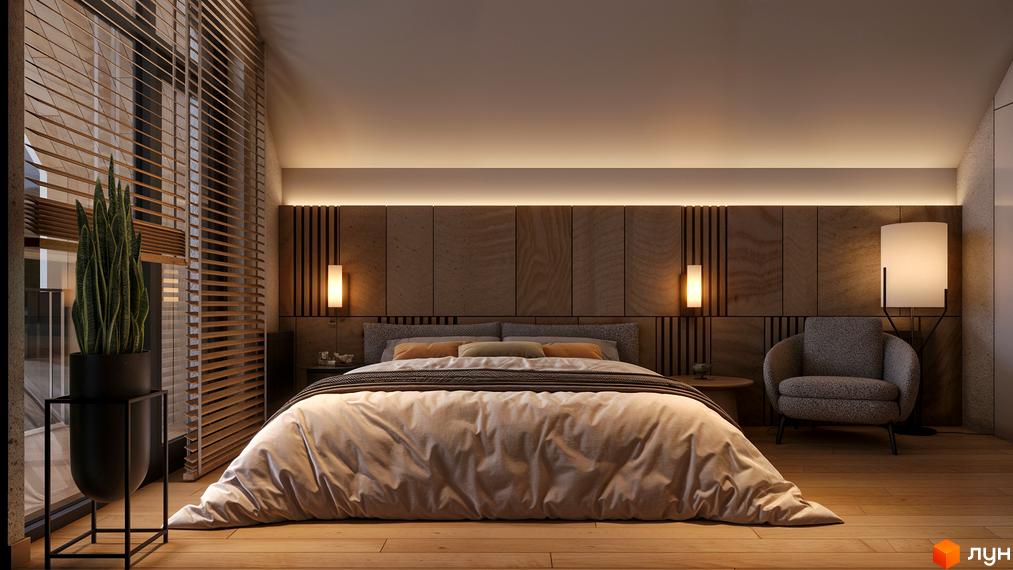 Спальня в новобудові КМ SKELYAR з дерев'яним оздобленням та приліжковими лампами. Затишне крісло біля вікна з жалюзі.