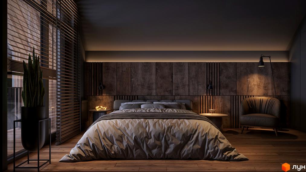 Спальня в будинку КМ SKELYAR з дерев'яним оздобленням стін та приліжковими тумбами. Затишна атмосфера з приглушеним освітленням.