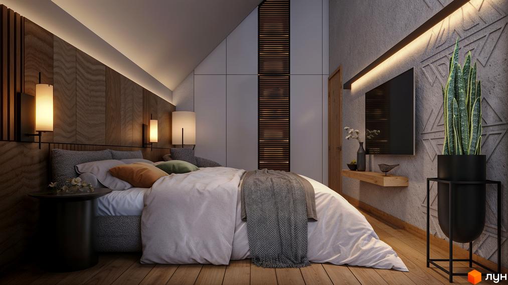 Спальня в котеджному містечку КМ SKELYAR з дерев'яними панелями та прихованим освітленням. Затишна атмосфера з великим ліжком та приліжковими тумбами.