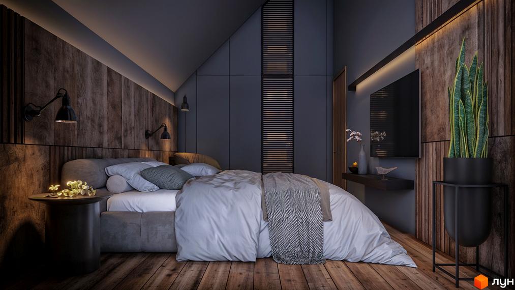Спальня в стилі лофт з дерев'яними елементами та приглушеним освітленням. КМ SKELYAR – ваш вибір для комфортного життя.