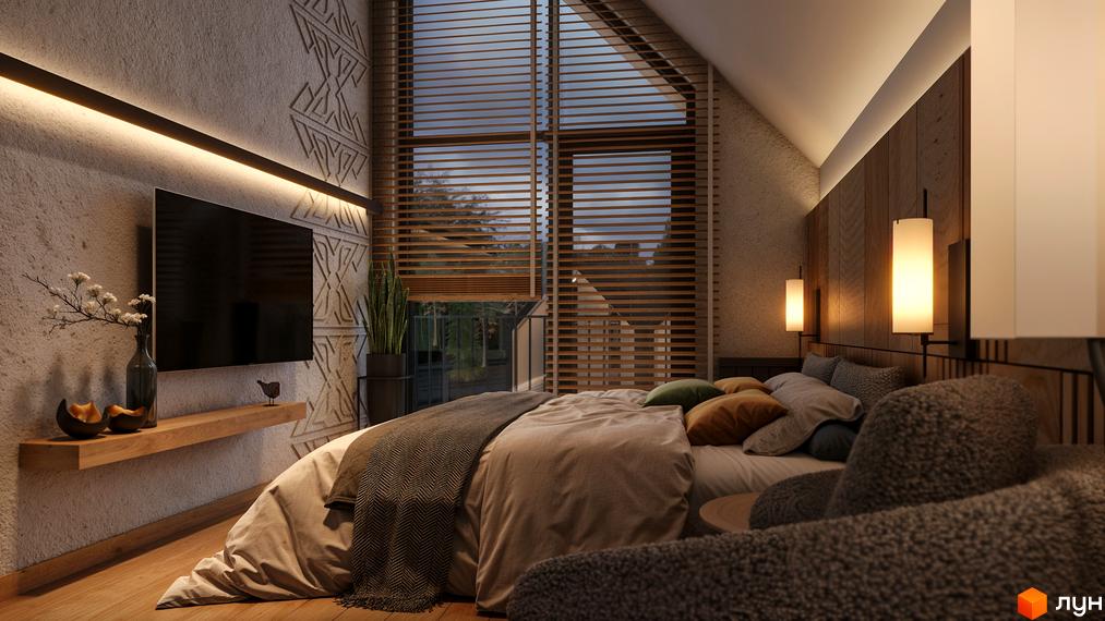 Спальня в котеджному містечку SKELYAR з великим вікном та дерев'яними елементами. Затишна атмосфера з м'якими меблями та приглушеним освітленням.