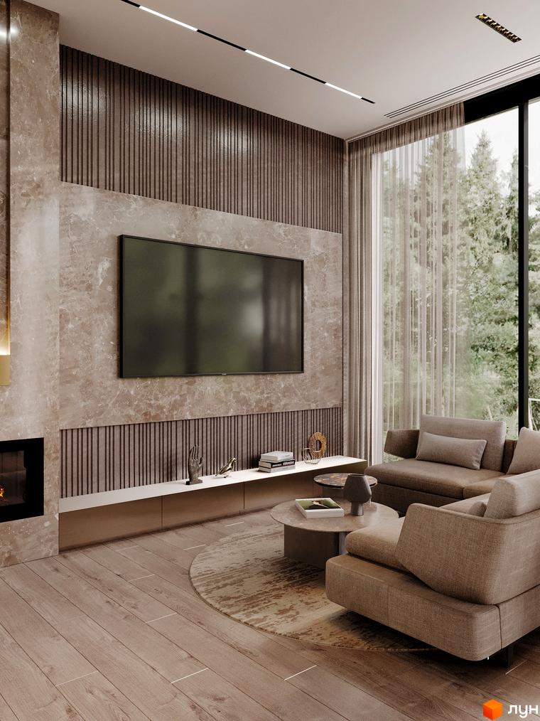 Вітальня з каміном та телевізором в Котеджне містечко Equides Villas. Простора кімната з великим вікном та видом на дерева.