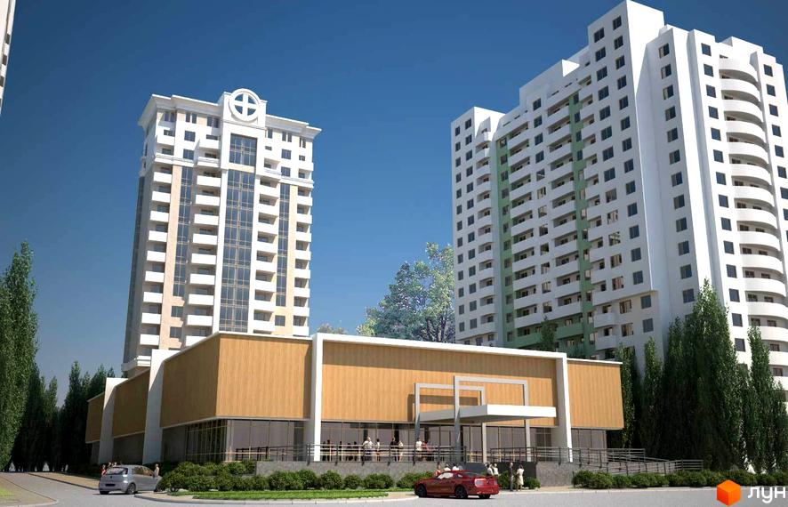 Житловий комплекс Європейський з двома висотними будинками та прибудинковою територією, озелененою деревами та газонами.