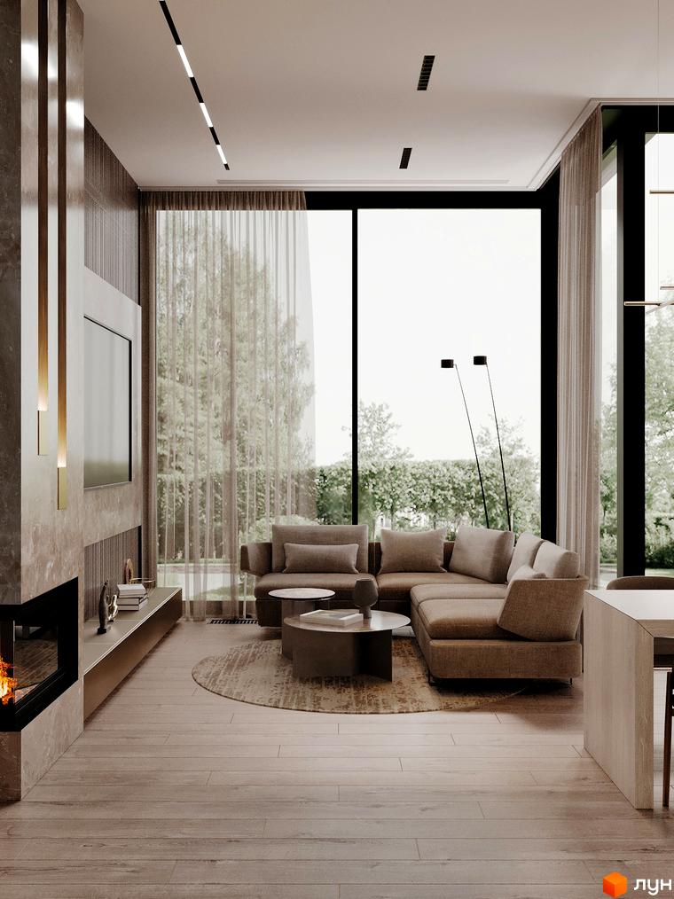 Великі вікна вітальні Котеджного містечка Equides Villas, що виходять на озеленену прибудинкову територію.