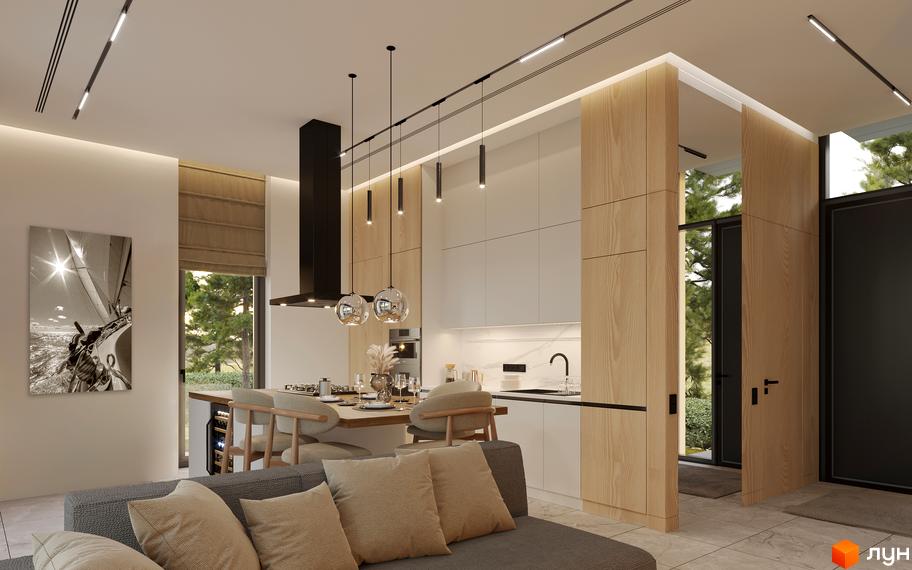 Інтер'єр кухні-вітальні з островом та обідньою зоною в стилі мінімалізм. Великі вікна з видом на зелену територію.
