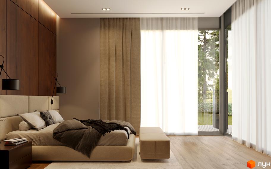 Спальня в Котеджне містечко Equides Villas з панорамними вікнами та видом на зелений ландшафт з деревами.