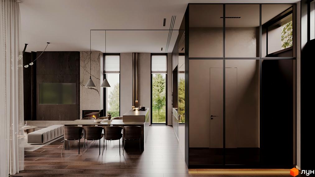 Інтер'єр вітальні та кухні Котеджне містечко Equides Villas з темними дерев'яними підлогами, каміном та великими вікнами.