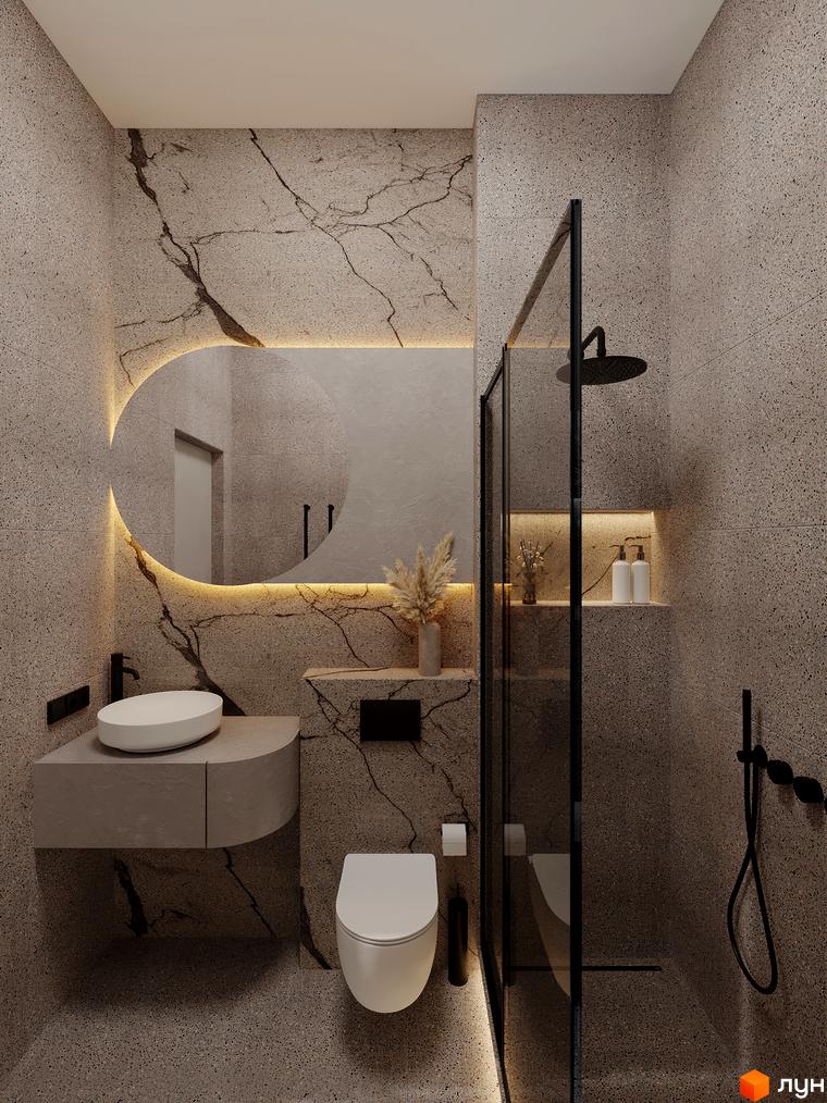 Ванна кімната в Котеджному містечку Equides Villas з оздобленням стін під тераццо, підсвіченим дзеркалом та душовою зоною.