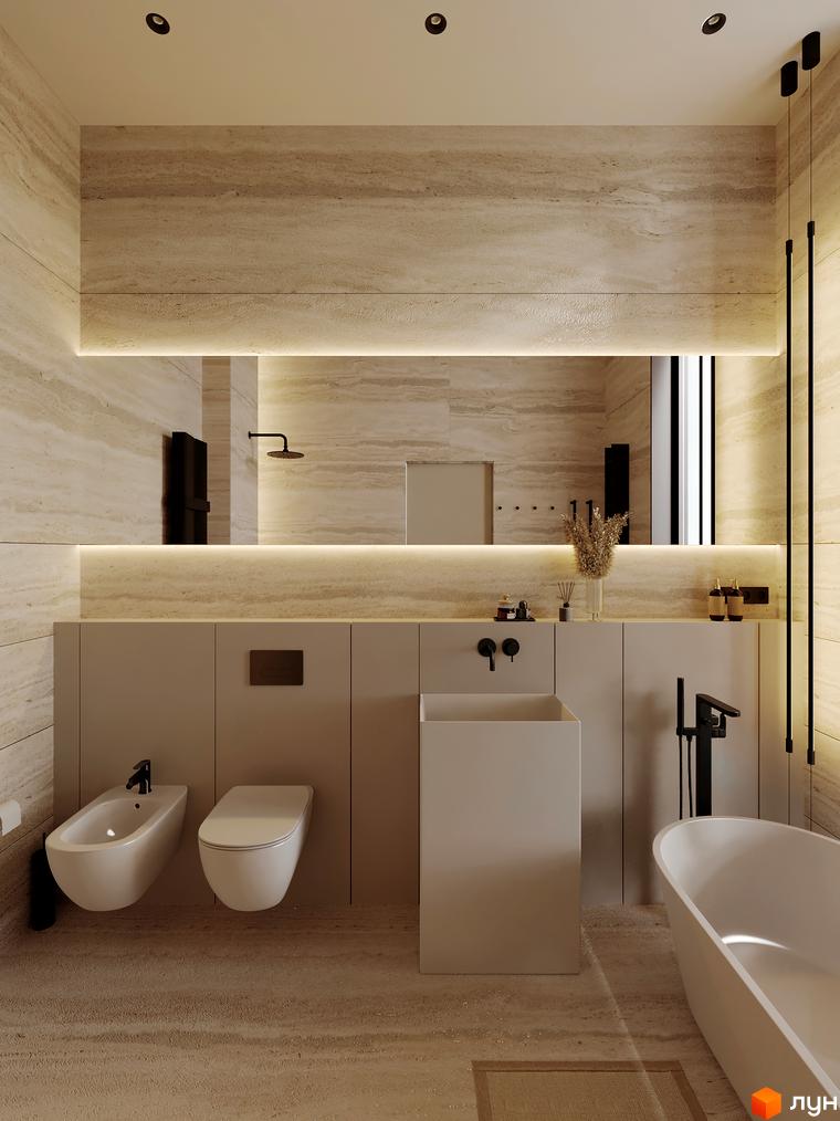 Інтер'єр ванної кімнати в Котеджному містечку Equides Villas з бежевими стінами, підлогою та сантехнікою. Приміщення має вбудоване освітлення.