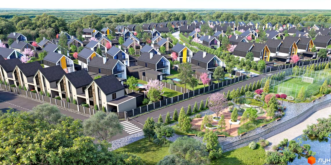 Котеджне містечко Ovillas: фасади будинків з темним дахом та світлими стінами, прибудинкова територія з зонами відпочинку та спортивним майданчиком.