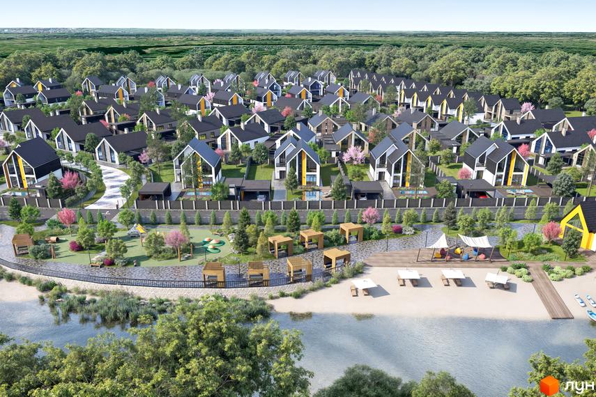 Котеджне містечко Ovillas: сучасні будинки з жовтими акцентами та зоною відпочинку біля води.