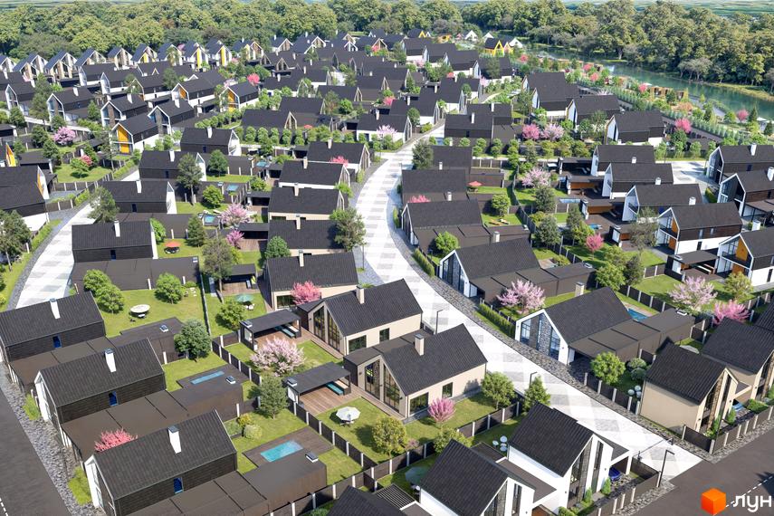 Котеджне містечко Ovillas з сучасними будинками та доглянутими подвір'ями. На зображенні видно зелені насадження, доріжки та водойму.