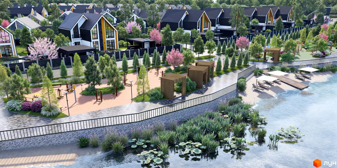 Котеджне містечко Ovillas: двоповерхові будинки з чорним дахом та великими вікнами, поруч зона відпочинку біля води з шезлонгами та парасольками.