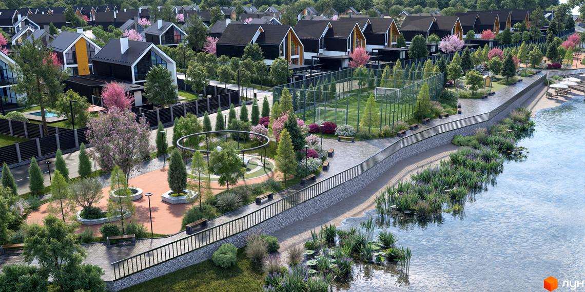 Котеджне містечко Ovillas: сучасні будинки з чорними дахами та жовтими акцентами, зелені зони, дитячий майданчик, спортивні майданчики та набережна.