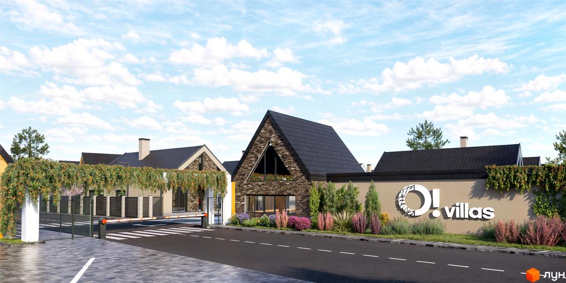 Котеджне містечко Ovillas: фасади будинків з цегли та темним дахом, огороджена територія з рослинністю та дорогою.