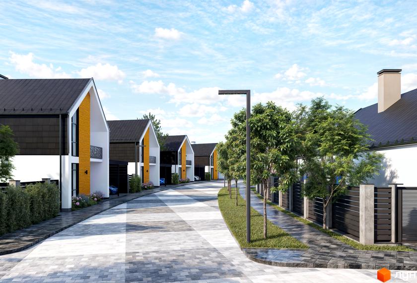 Котеджне містечко Ovillas: фасади будинків з жовтими акцентами та чорним дахом, вимощена дорога та зелені дерева.