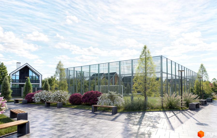 Котеджне містечко Ovillas: сучасний будинок з великими вікнами та огородженим спортивним майданчиком. На території розташовані лавки та зелені насадження.