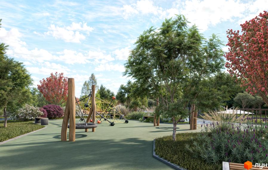 Котеджне містечко Ovillas: дитячий майданчик з канатною мережею та зонами відпочинку серед дерев. Зелена територія з квітами та лавками.