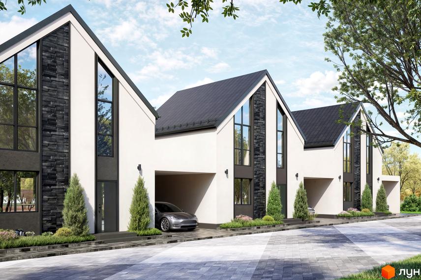 Котеджне містечко КМ Ovillas. Зовнішній вигляд будинків з великими вікнами та кам'яним оздобленням, прибудинкова територія з деревами та доріжками.