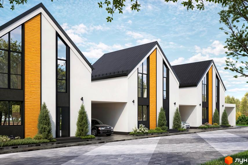 Котеджне містечко Ovillas: фасади білих будинків з дерев'яними вставками та чорними вікнами, прибудинкова територія з зеленими туями та бруківкою.