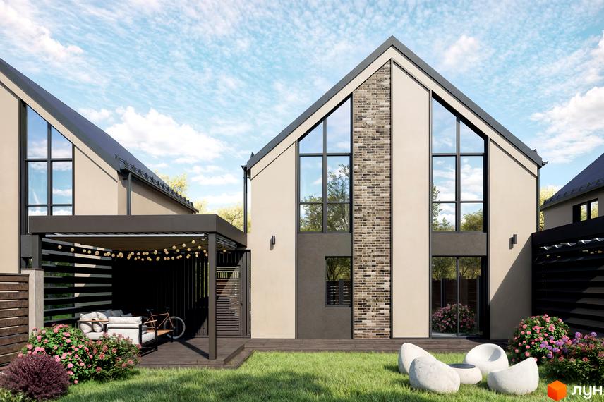 Котеджне містечко КМ Ovillas: двоповерхові будинки з панорамними вікнами та цегляними вставками, поруч зона відпочинку з диваном та велосипедом.